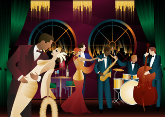 Jazz musicians and dancers. Double bass, saxophone, drum. Musicians play musical instruments