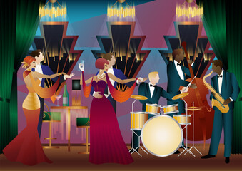 Fototapeta premium Jazz musicians and dancers. Double bass, saxophone, drum. Musicians play musical instruments