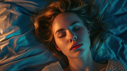 Top view of young beautiful woman dreaming in bed and relaxing at night. High angle view of woman with closed eyes sleeping well at home in the dark. - Powered by Adobe