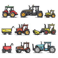 Various colorful tractors trailer, cartoon representation, agriculture machinery. Different models farm tractors, side view, stylized design, no background. Agricultural vehicles set, handdrawn