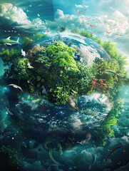 illustration of green planet earth rich in waters, plants and air