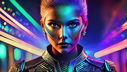 Futuristic woman with vivid makeup and glowing attire, set against a neon-lit backdrop, radiating mystery and high-tech glamour.