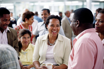 Fototapeta premium A diverse group of individuals sit closely aligned next to each other, engaging in conversation and discussions.
