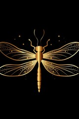 Golden dragonfly logo illustration on black background. Emblem, icon for company or sport team branding