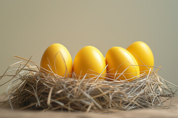  Easter eggs in a nest of straw. against a solid Ligh. Generative AI