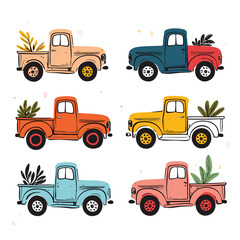 Collection colorful vintage pickup trucks carrying plants, handdrawn style, isolated white background. Six retro vehicles various bright colors foliage back, whimsical vector illustration. Cartoon © Vectorvstocker