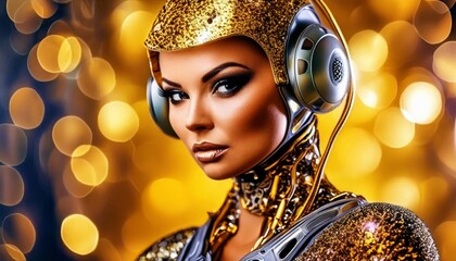 Elegant woman in golden headphones and metallic attire against a soft bokeh backdrop, exuding luxury and high-tech sophistication.