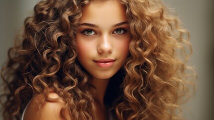 Fototapeta premium Captivating curly-haired woman with striking green eyes