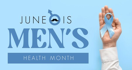 Banner for Men's Health Month with male hand holding awareness ribbon