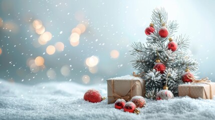 Christmas minimalist scene with toys for children scattered under a simplistic pine tree, on a snowy background Space for holiday wishes