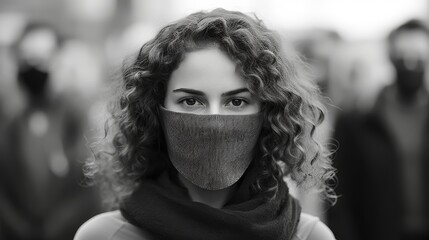 Mysterious woman with curly hair and face mask