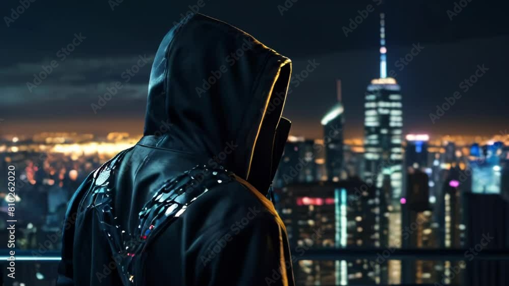 Poster hacker computer cybercriminal criminal with a jacket and a hood on the background of a big city at n