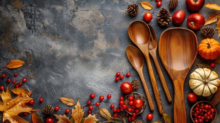 Minimalist cooking utensils set for Thanksgiving, featuring autumn colors on an isolated background, space for text