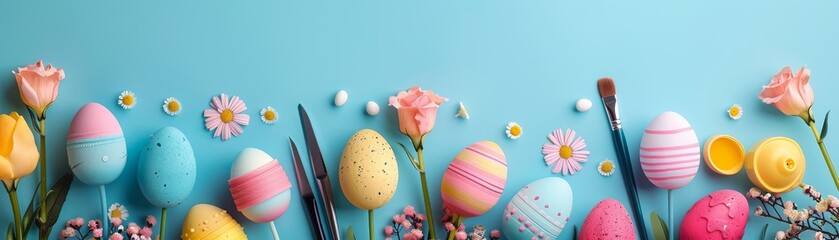 Minimalist craft tools creatively displayed for Easter, vibrant and isolated background, text space