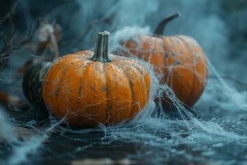 Minimalist Halloween scene with wilted pumpkins and cobwebs, eerie isolated background
