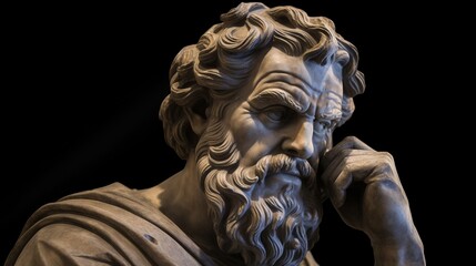 Detailed sculpture of a pensive man with flowing beard and curly hair