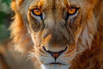 Majestic Gaze: Powerful Lion Locking Eyes with the Camera. Generative AI