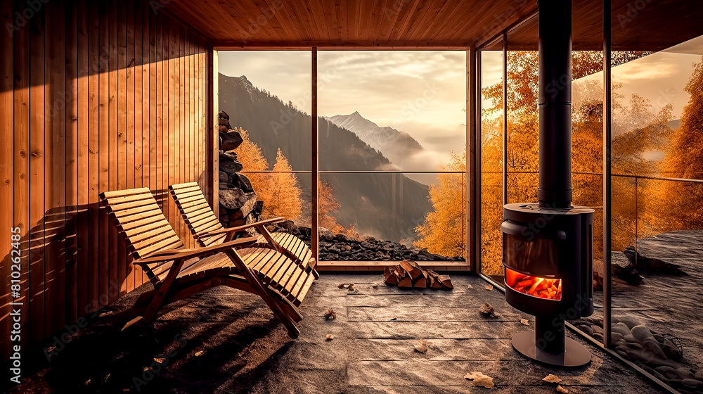 Poster a wooden bench is in front of a large window with a view of a lake. the bench is surrounded by a sto