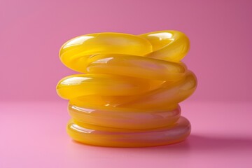 A vibrant yellow twisted object displayed prominently against a soft pink background