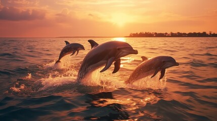 dolphins jumping in sunset ocean - Powered by Adobe