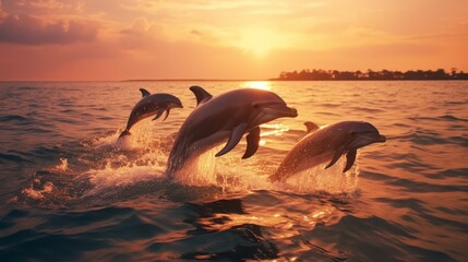 Fototapeta premium dolphins jumping in sunset ocean