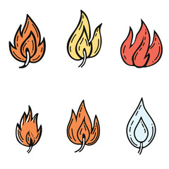 Six cartoonstyle flame icons representing fire, diverse shapes colors, simple line art. Set includes one blue water droplet, fire symbol diversity, isolated white background. Handdrawn flame