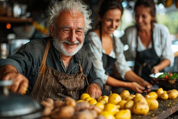 Obraz premium A smiling elderly man is surrounded by two women enjoying the cooking process together in a homey kitchen setting with fresh produce