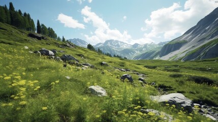 Scenic mountain landscape with lush green meadow