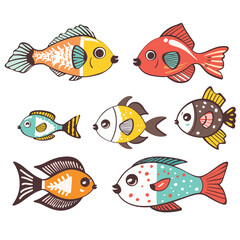 Naklejka premium Colorful cartoon fish illustration isolated white background. Set tropical fish various patterns vibrant colors. Graphic design childrens book underwater sea life animals