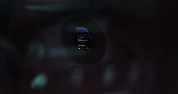 Macro View Of Man'S Eye Glasses Web Surfing Scrolling Down Phone Internet Addiction Fake News 5g Network