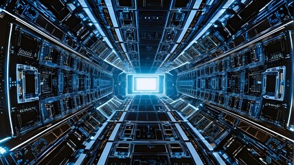 Fototapeta premium Futuristic Sci-Fi Tunnel with Glowing Blue Lights