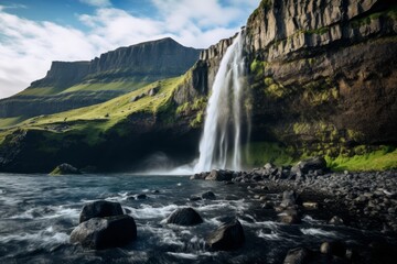 Majestic waterfall cascading down rugged cliffs in a lush green landscape