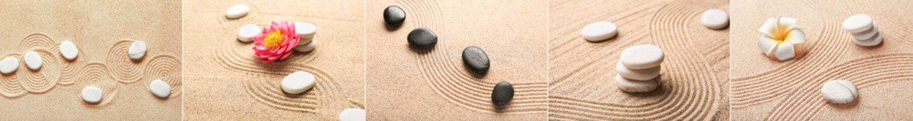 Collage of stones and flowers on sand with lines. Zen concept