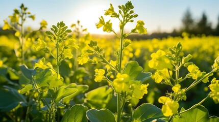 Obraz premium Vibrant yellow wildflowers in a field at sunset