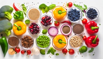 Vibrant array of fresh vegetables, fruits, nuts, and grains on a clean white background, symbolizing health and nutritional diversity.