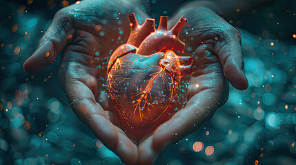 hands holding a human heart with glowing light from within 