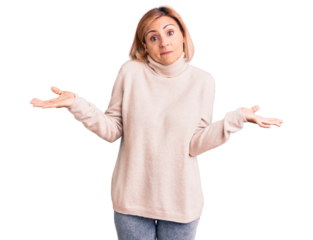 Young blonde woman wearing casual clothes clueless and confused expression with arms and hands raised. doubt concept.