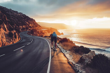 A determined athlete cycling along a coastal road at sunrise.