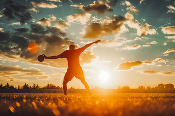 A determined athlete practicing discus throw on a field at sunrise. - Powered by Adobe