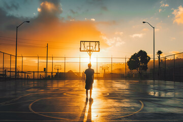 A determined athlete practicing free throws on a basketball court at sunrise.