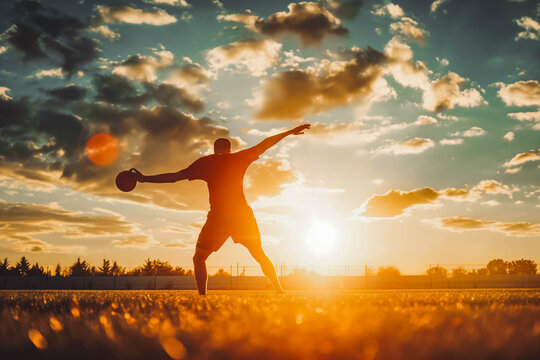 A determined athlete practicing discus throw on a field at sunrise.