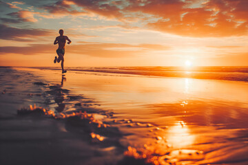 A determined athlete running along a beach at sunset.