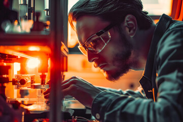 A focused engineer testing prototypes in a laboratory at sunset.