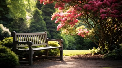 Peaceful garden bench under blooming tree