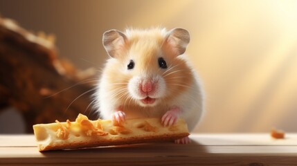 Cute hamster eating cheese snack