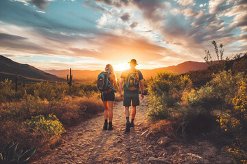 A happy couple exploring a desert landscape at sunrise.