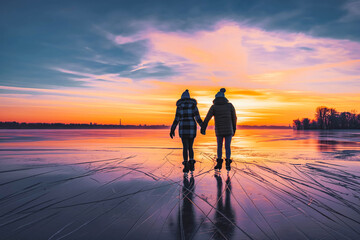 A happy couple ice skating on a frozen lake at sunrise.