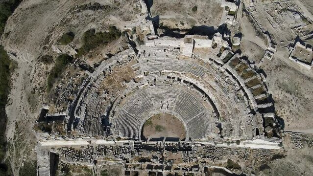 Footage of historical ruins, columns, ancient theater and temples in the ancient city of Miletus.