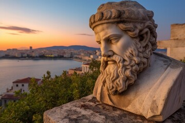 Sunset view of ancient greek statue overlooking city