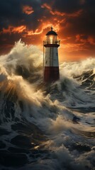 Obraz premium Dramatic lighthouse scene with crashing waves and fiery sky